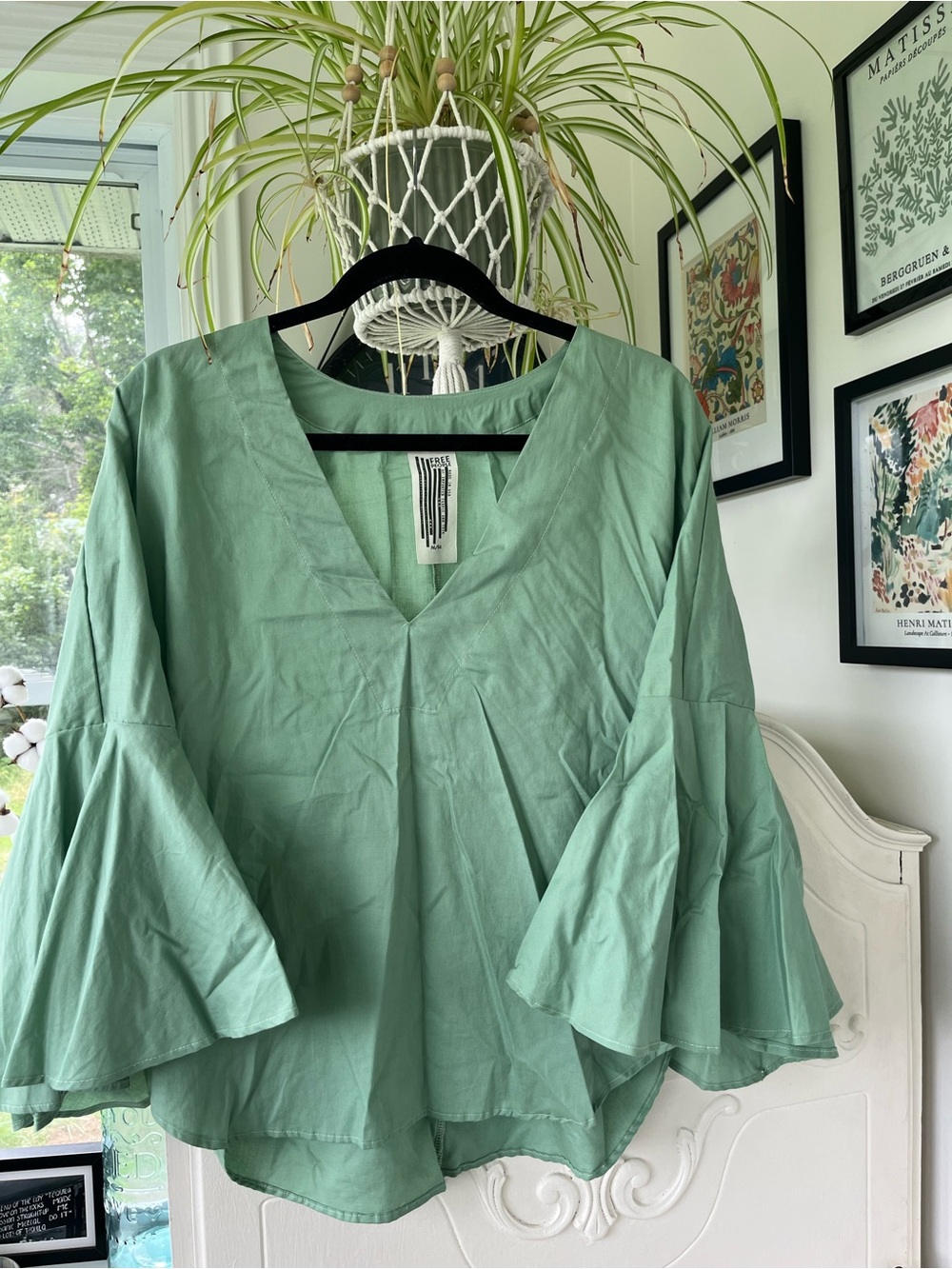 Free People Lydia Sage Green V-Neck Bell Sleeve Blouse